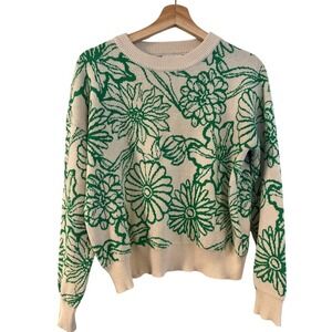 FRNCH Cream Crewneck Sweater with Green Floral Jacquard